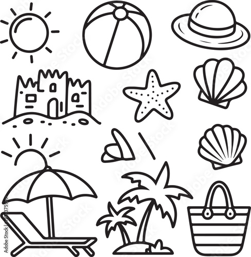 Summer beach and travel icons set with sun, sea, palm trees, umbrella, waves, and tropical vacation symbols in vector illustration style.
