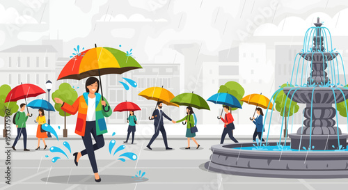 Woman with colorful umbrella enjoying rainy day outdoors.