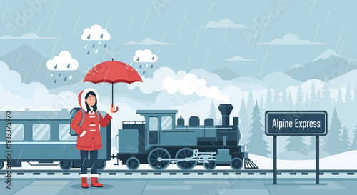 Woman with Umbrella Waiting for Alpine Express Train.