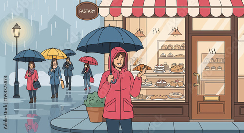Woman with umbrella holding pastries in the rain.