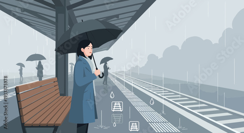 Woman with Umbrella Waiting at Train Station in Rain.