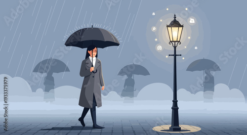 Woman with Umbrella Walking in Rain Near Lamppost.