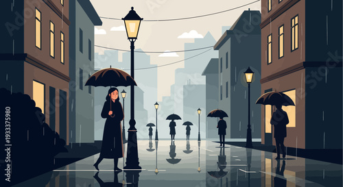 Woman with Umbrella Walking in Rainy City Street.