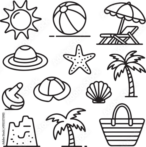 Minimal vector summer beach icon set with travel symbols, sun, sea, umbrella, palm tree, boat, sunglasses, and fun holiday elements collection