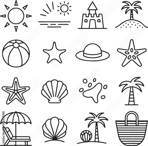Simple travel and summer beach icon set with sun, sea, palm, boat, umbrella, and holiday symbols in vector style illustration