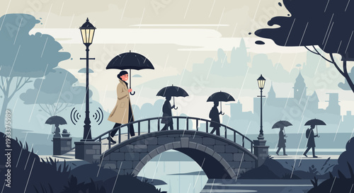 Woman with Umbrella Walking on Bridge in Rain.