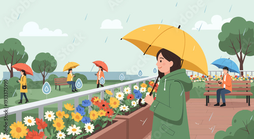 Woman with yellow umbrella in the rain.