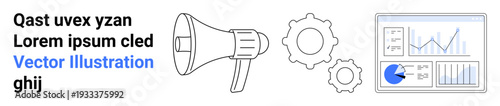 Megaphone, two gears, and an analytics dashboard with charts and graphs. Ideal for marketing strategy, data analytics, workflow, productivity, teamwork, business planning simple landing page