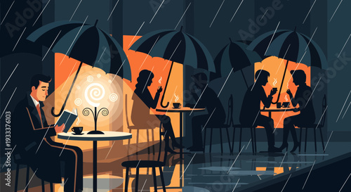 Man reading book at cafe table in rain.