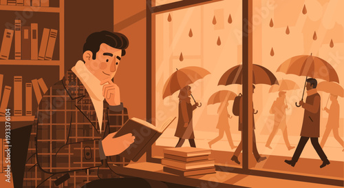 Man reading a book indoors on a rainy day.