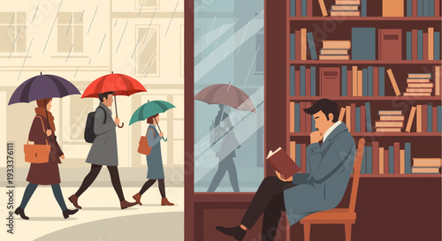 Man reading book inside cozy library on rainy day.