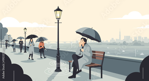 Man sitting on bench with umbrella in rain.