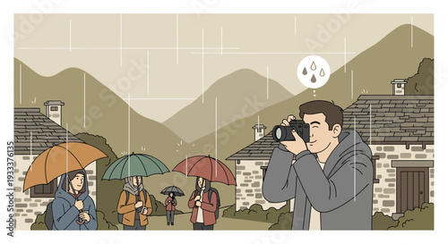 Man taking photo in the rain with camera.