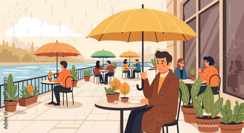 Man sitting under yellow umbrella at outdoor cafe.