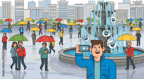 Man taking a selfie with a smartphone in a city square.