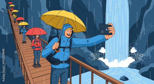 Man taking selfie with umbrella near waterfall.