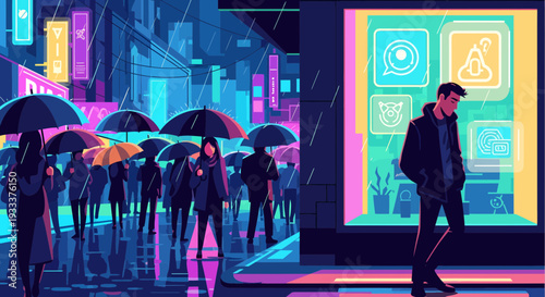 Man walking alone in neon city street at night.