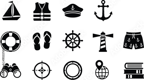 Nautical and marine icons set with sailboat anchor lighthouse compass captain hat and ocean symbols