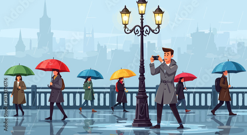 Man with umbrella taking photo in rain.