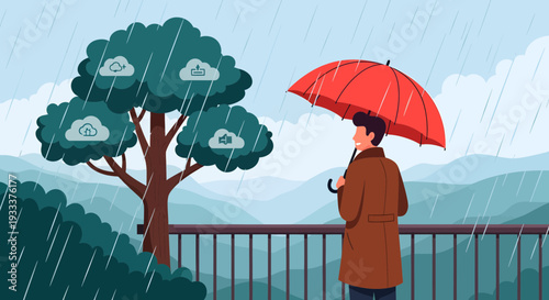 Man with umbrella standing in rain.