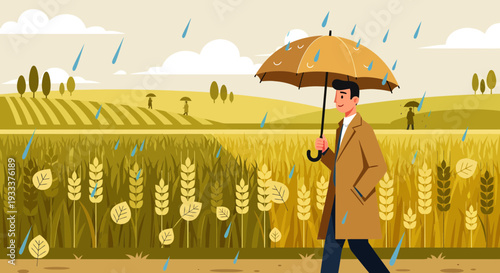 Man with Umbrella Walking in Rain.