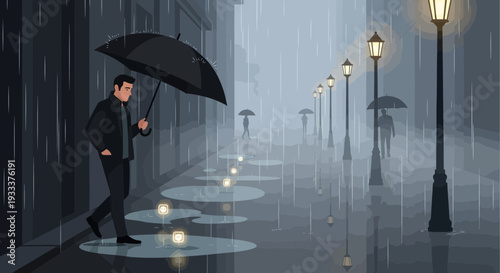 Man with umbrella walking in the rain.