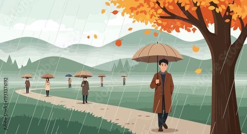 Man with Umbrella Walking in Autumn Rain.