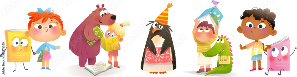Fototapeta premium Children and animals reading fairytale books together. Collection of fun and colorful cartoons for kids education. Vector educational illustrations clipart collection for school or kindergarten.