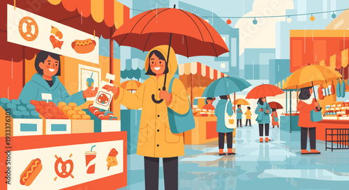 Woman in Yellow Raincoat Holding Umbrella at Market.