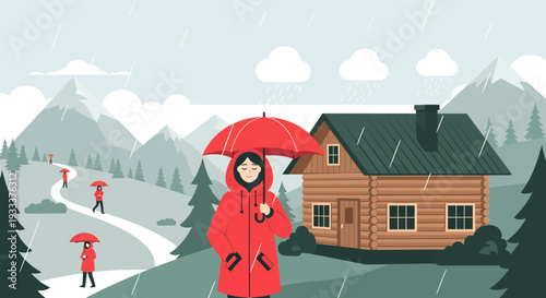 Woman in Red Coat Holding Umbrella Outdoors.