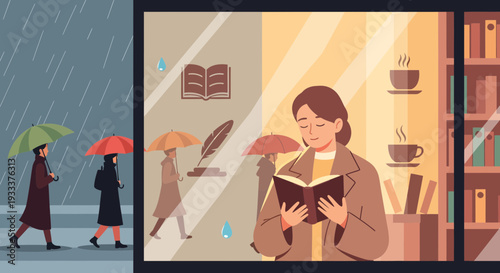 Woman reading book in cozy cafe during rainy day.
