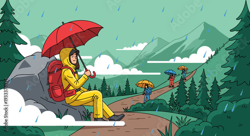 Woman in yellow raincoat with red umbrella sitting on rock.