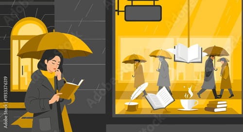 Woman Reading Book Under Umbrella on Rainy Day.