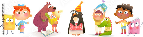 Children and animals reading fairytale books together. Collection of fun and colorful cartoons for kids education. Vector educational illustrations clipart collection for school or kindergarten.