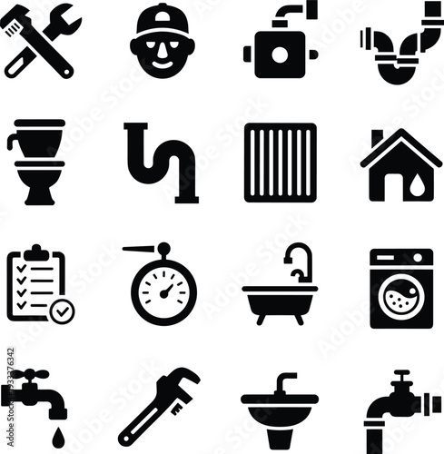Plumbing service icons set with plumber tools pipes faucet sink toilet washing machine and home water system symbols