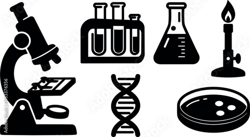 Flat design close up laboratory icon set microscope test tubes dna petri dish erlenmeyer flask and burner on white silhouette