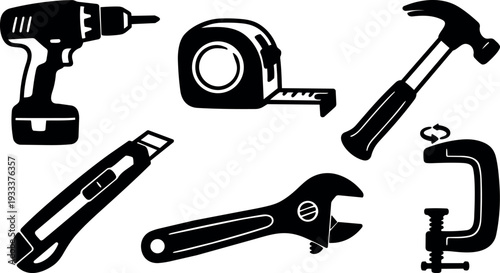 Flat silhouette vector set of six hand tools close up top view black icons on white background bold minimal