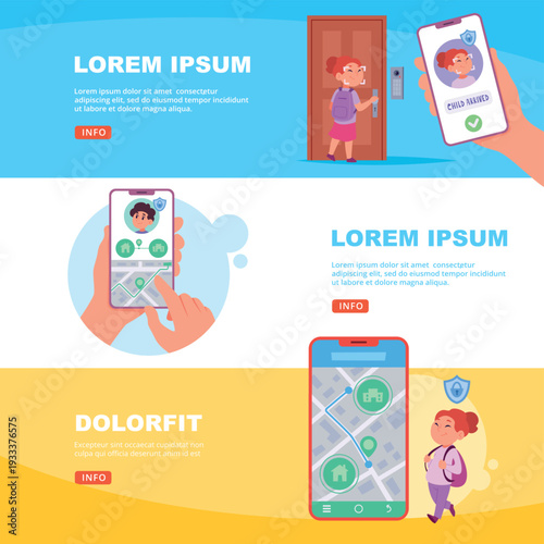 Kids gps. safety navigation smart system for kids. vector banners template