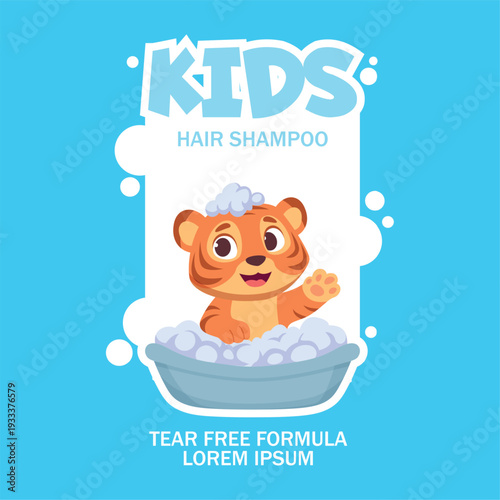 Kids shampoo. label design with little cute animal bathing. vector cartoon template with place for text
