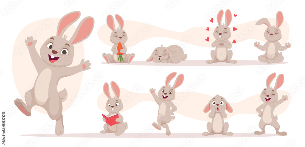 Naklejka premium Cartoon rabbit. Cute animal in different poses exact vector bunny illustrations
