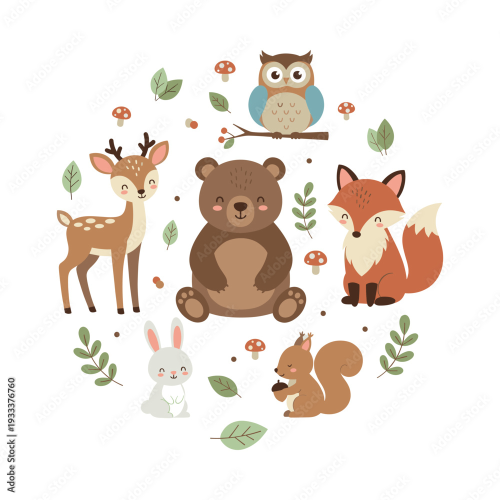 Fototapeta premium Woodland animals group creating a nature-inspired design element. Cute bear, fox, deer, owl, rabbit, and squirrel characters with leaves and mushrooms in a border