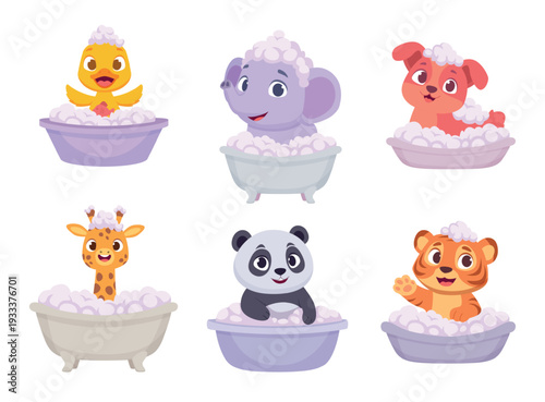 Animal bathing. Cartoon cute baby animals washing in bath time exact vector characters for kids