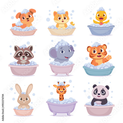 Animal bath time. Little cute character baby animals in different poses washing exact vector illustrations template