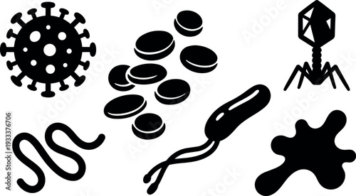 Flat design microbial icon showing coronavirus bacteriophage rod shaped bacteria red blood cells abstract blob scattered isolated monochrome silhouette vector