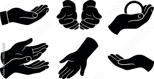 Flat vector silhouette close up open hands cupped palms offering holding objects isolated icon set minimal black simple centered front