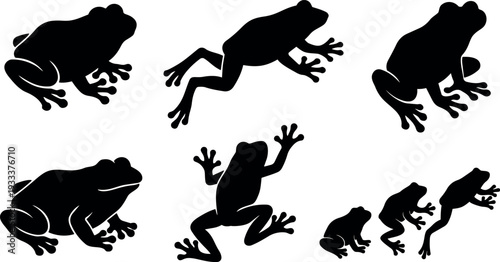 Silhouette vector sheet of frog poses showing jumping climbing sitting resting top side and low angle isolated on white background