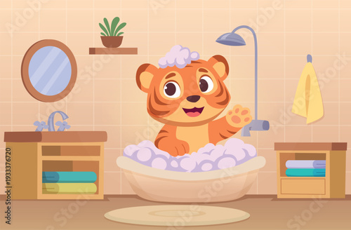 Bathing animals. Cartoon background with washing time animals exact vector illustration