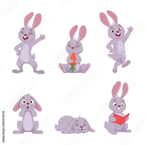 Cartoon bunny. Cute little rabbit in action poses running jumping and playing exact vector nowaday animal character