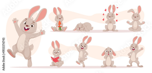 Cartoon rabbit. Cute animal in different poses exact vector bunny illustrations