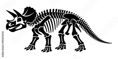 Triceratops dinosaur skeleton outline illustration showing bones and silhouette. Representing paleontology, geology, and ancient life